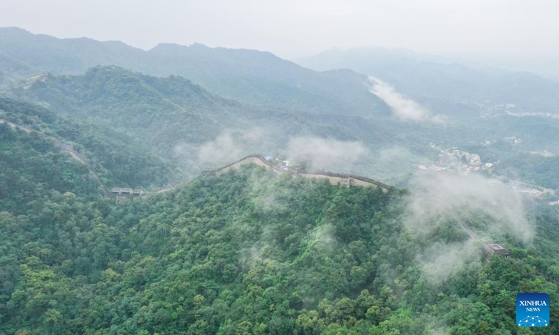 An aerial drone photo taken on Aug. 3, 2024 shows scenery of the Mutianyu section of the Great Wall in Beijing, capital of China. Photo: Xinhua