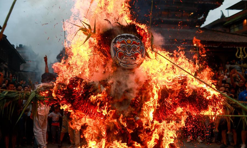 People celebrate the Ghantakarna Festival in Bhaktapur, Nepal, Aug. 2, 2024. Photo: Xinhua