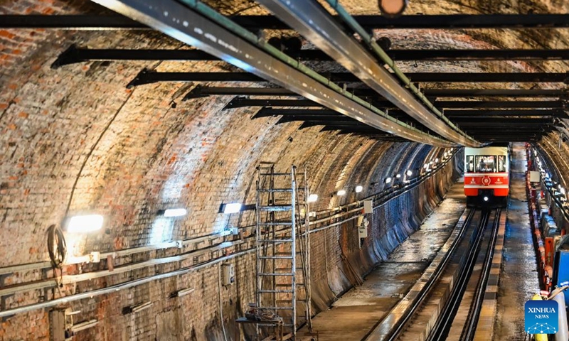 This photo taken on July 31, 2024 shows a train of the subway line Tünel in Istanbul, Türkiye. In 1875, the subway line with two wooden cars, powered by a steam engine, went into operation. The carriages were illuminated by oil lamps as there was no electricity at the time. The line is the second oldest in the world after the one built in 1863 in London. It covers a distance of 573 meters in 90 seconds. Photo: Xinhua