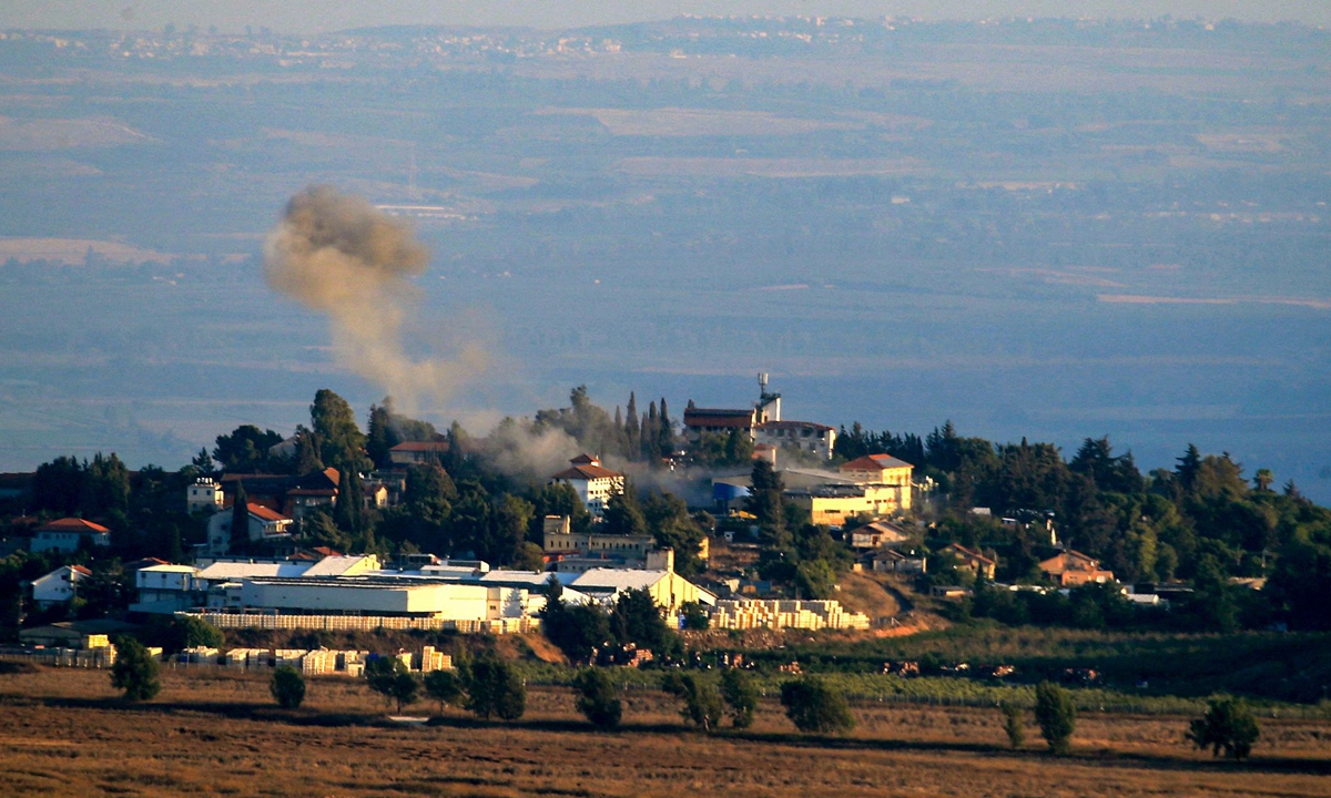 A photo taken from a position in southern Lebanon,<strong></strong> close to the border with Israel shows smoke billowing from the site of a rocket fired from the Lebanese side towards the Israeli village of Metullah on August 3, 2024, amid ongoing cross-border clashes between Israeli troops and Hezbollah fighters. Photo: VCG