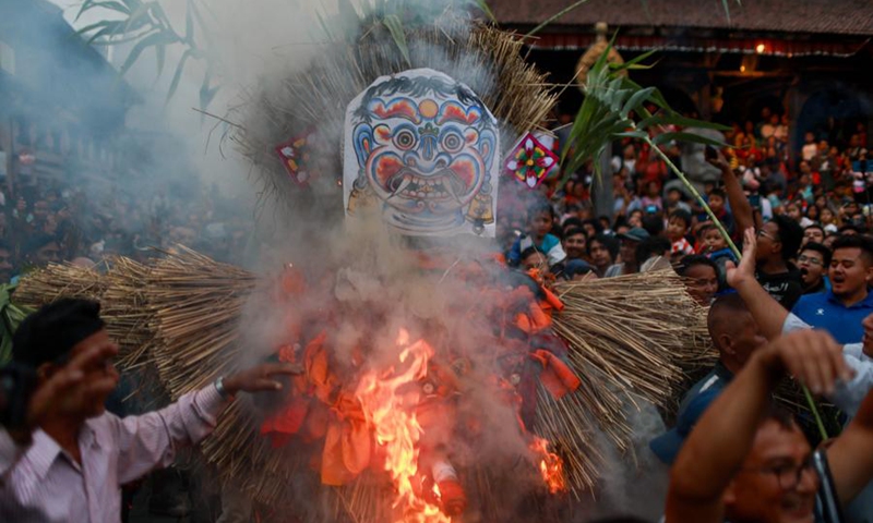 People celebrate the Ghantakarna Festival in Bhaktapur, Nepal, Aug. 2, 2024. Photo: Xinhua