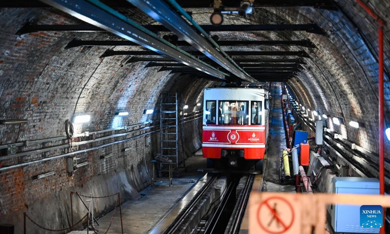 This photo taken on July 31, 2024 shows a train of the subway line Tünel in Istanbul, Türkiye. In 1875, the subway line with two wooden cars, powered by a steam engine, went into operation. The carriages were illuminated by oil lamps as there was no electricity at the time. The line is the second oldest in the world after the one built in 1863 in London. It covers a distance of 573 meters in 90 seconds. Photo: Xinhua