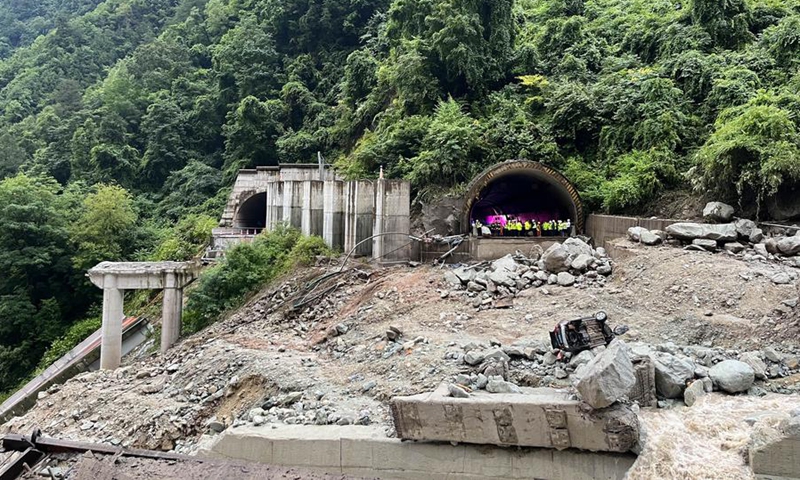 This photo taken on August 3, 2024 shows the collapse site of a tunnel bridge at the section between Kangding City and Luding County of the Ya'an-Kangding expressway in southwest China's Sichuan Province.  Photo: Xinhua