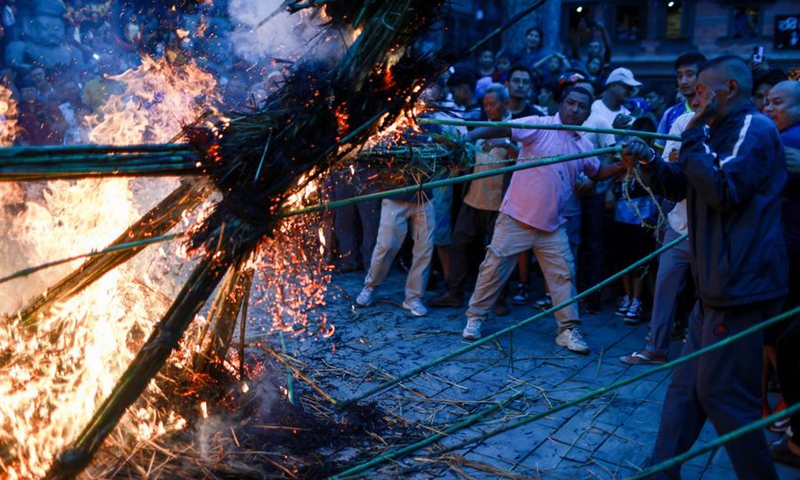 People celebrate the Ghantakarna Festival in Bhaktapur, Nepal, Aug. 2, 2024. Photo: Xinhua