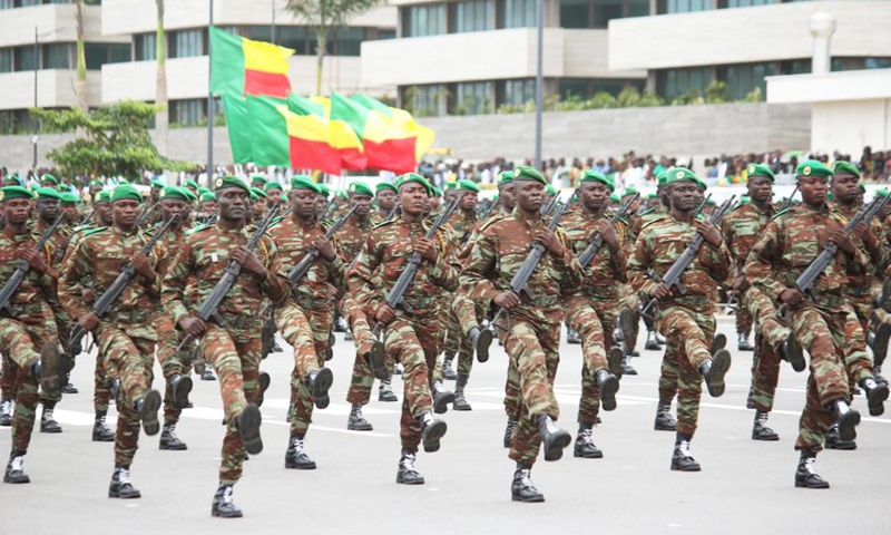 Beninese soldiers take part in a parade marking the 64th anniversary of Benin's independence in Cotonou, Benin, on Aug. 1, 2024.  Photo: Xinhua