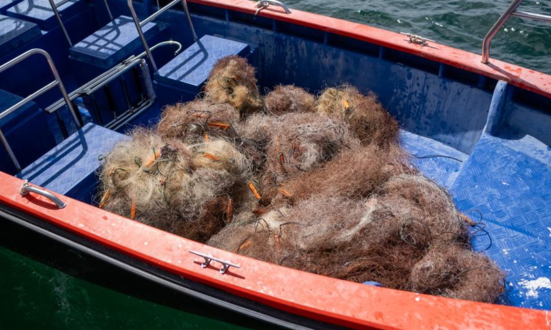 The photo shows the ghost nets recovered by Chan Tin Ming and his team in Hong Kong, southern China, June 27, 2024. Photo: Xinhua