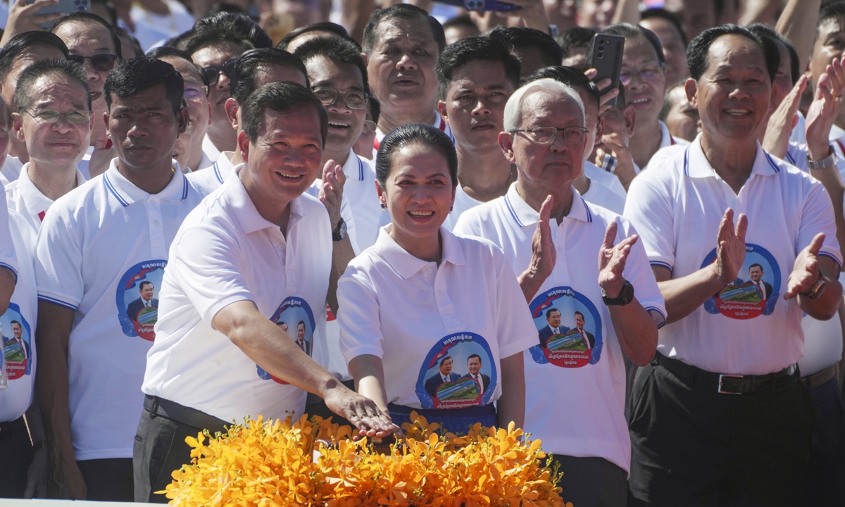 Cambodian Prime Minister Hun Manet (front left), accompanied by his wife Pich Chanmony, launch a groundbreaking ceremony of the China-funded Funan Techo canal that will connect the country's capital Phnom Penh with Kep province on the country's south coast, Prek Takeo village, Kendal province, Cambodia, on August 5, 2024. Photo: VCG