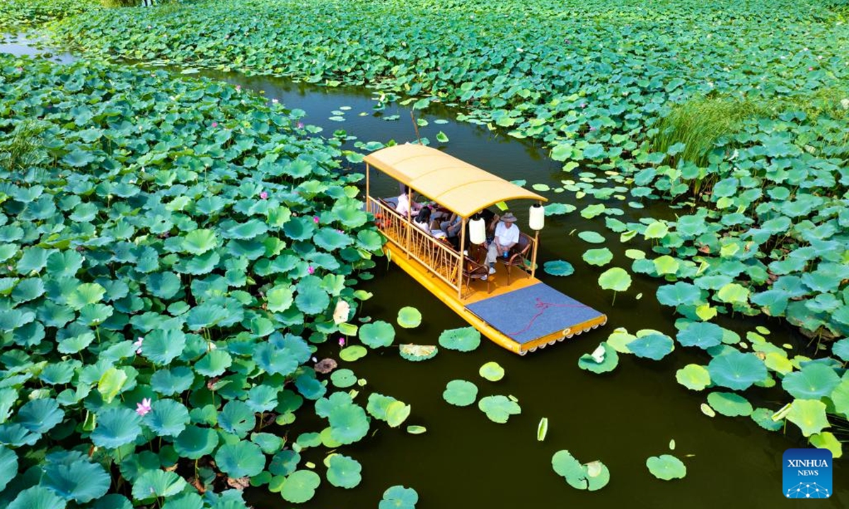 An aerial drone photo shows tourists sightseeing in a lotus pond scenic area in Xinghua, east China's Jiangsu Province, Aug. 5, 2024. (Photo：Xinhua)