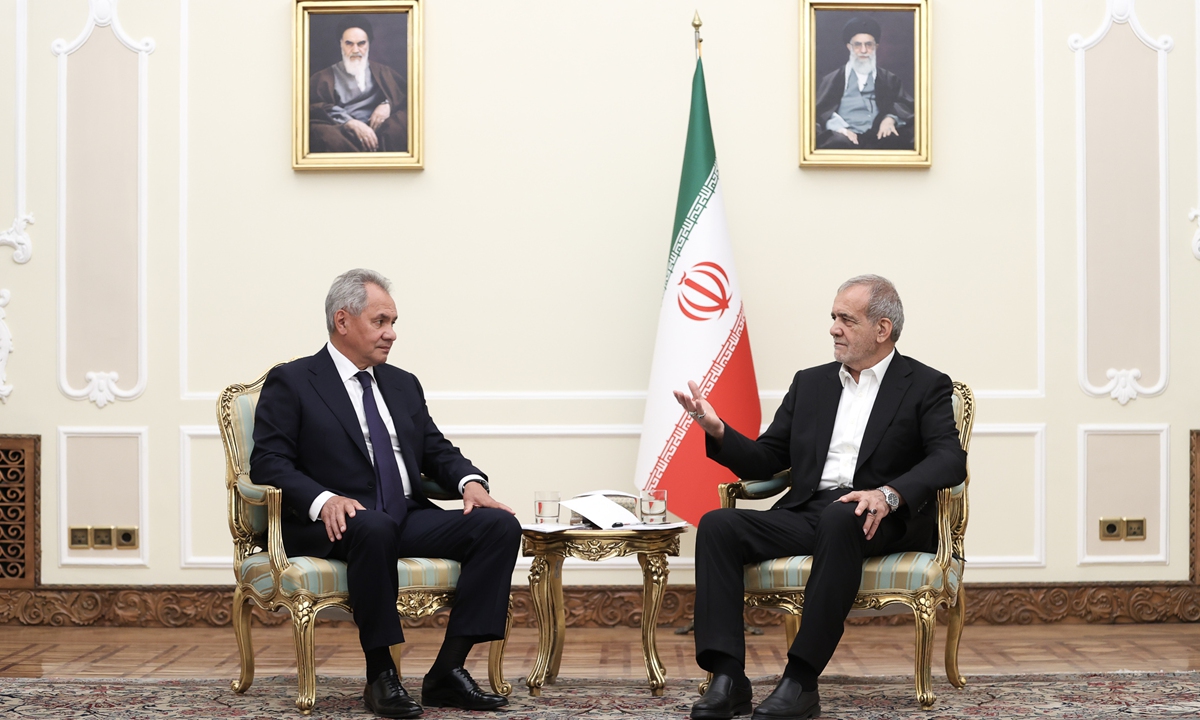 Iranian President Masoud Pezeshkian meets with Russian Defence Minister Sergei Shoigu (L) in Tehran,<strong></strong> Iran on August 5, 2024. Photo: VCG