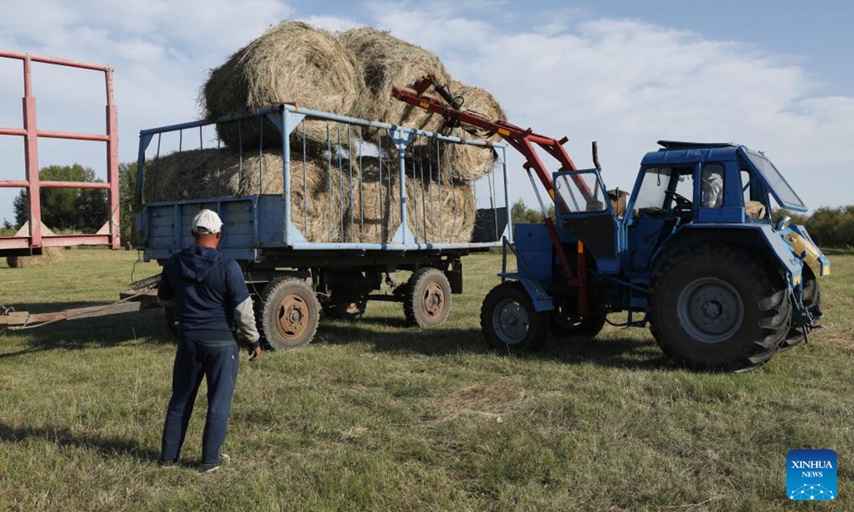 Herdsmen operate machines to mow grass on a grassland in Akmola region of northern Kazakhstan, Aug. 4, 2024. The pastoral area in Kazakhstan has entered into its grass mowing season. (Photo: Xinhua)