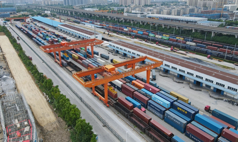 This aerial drone photo taken on Aug. 1, 2024 shows a view of the logistics base of Hefei north railway station in Hefei, east China's Anhui Province. A total of 380 China-Europe freight trains departing from Hefei between January and July this year, marking a 3 percent increase from the previous year. Photo: Xinhua