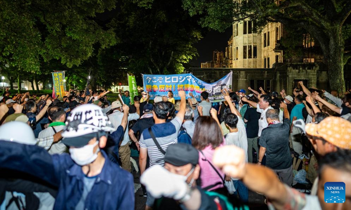 Protesters rally at Hiroshima Peace Memorial Park in Hiroshima, Japan, Aug. 5, 2024. As Japan marked the anniversary of atomic bombing on the western city of Hiroshima on Tuesday, people from across the nation gathered to protest the government's accelerated arms build-up, urging it to stick to peace. (Photo: Xinhua)