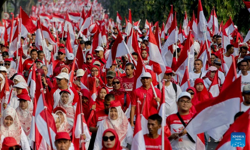 People participate in a mass national flag parade in celebration of the 79th Independence Day at Pakansari Stadium in Bogor, West Java, Indonesia, Aug. 11, 2024. Photo: Xinhua