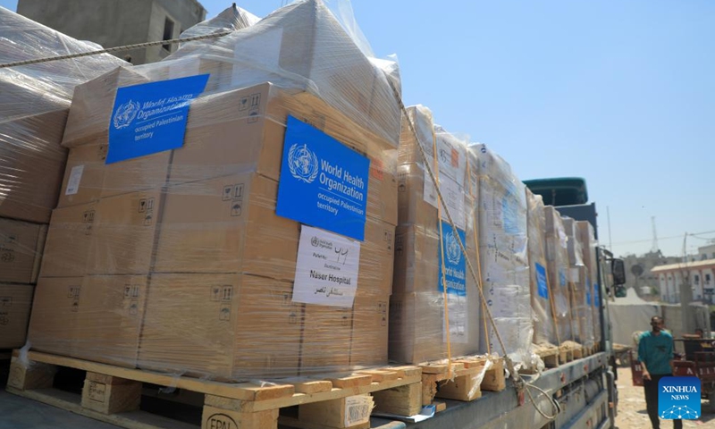 A truck loaded with medical aid delivered by the World Health Organization (WHO) is seen at Nasser Hospital in the southern Gaza Strip city of Khan Younis, on Aug. 7, 2024. A seemingly endless cycle of violence-induced displacement is making it increasingly difficult for Gazans to access the assistance they need, UN humanitarians said on Wednesday. (Photo: Xinhua)