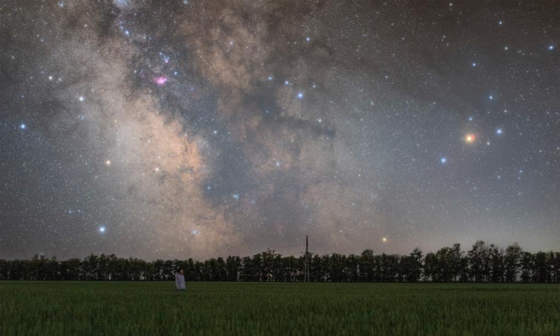 This composite photo taken on Aug. 3, 2024 shows the starry sky over a paddy field in Changxing Village of Yanshan Town, Fujin City, northeast China's Heilongjiang Province. Photo: Xinhua