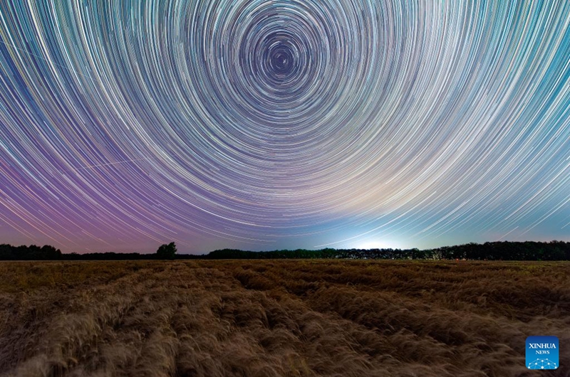 This composite photo taken on July 30, 2024 shows star trails over a wheat field in Wanyou Village of Shangjieji Town, Fujin City, northeast China's Heilongjiang Province. Photo: Xinhua