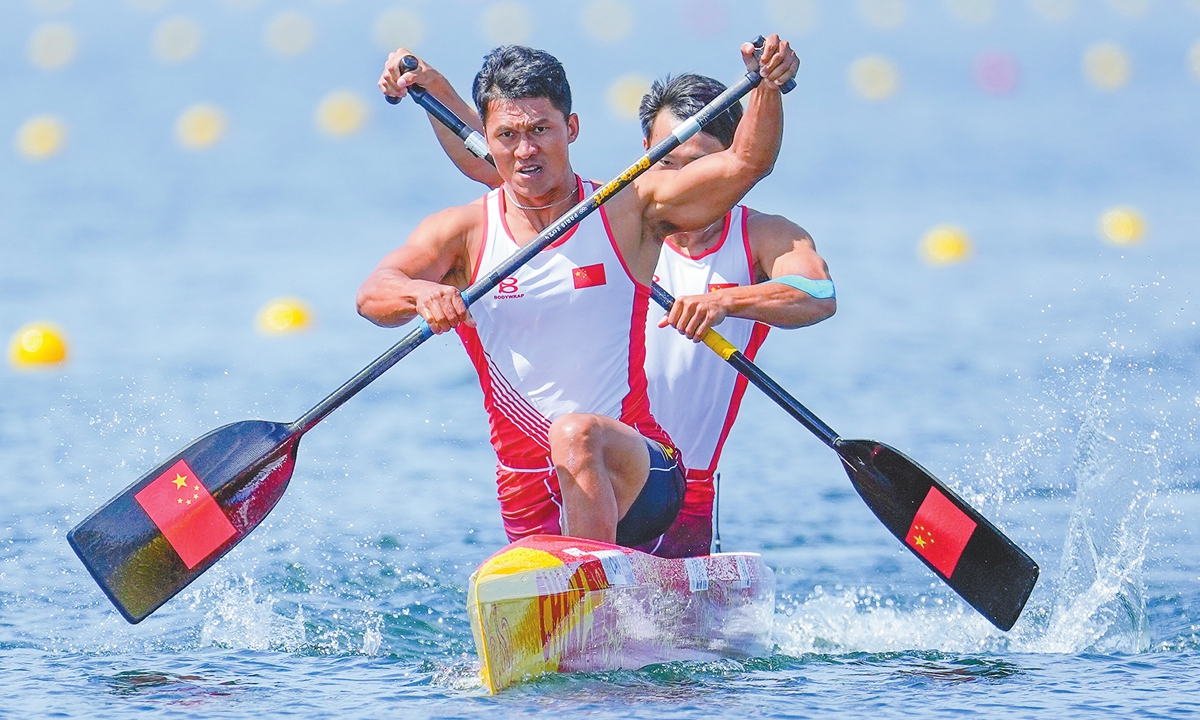 China's Ji Bowen and Liu Hao compete in the men's canoe double 500-meter finals at the 2024 Summer Olympics on August 8, 2024, in Vaires-sur-Marne, France. The Chinese duo dominated men's 500m canoe sprint to claim the gold medal. Photo: VCG