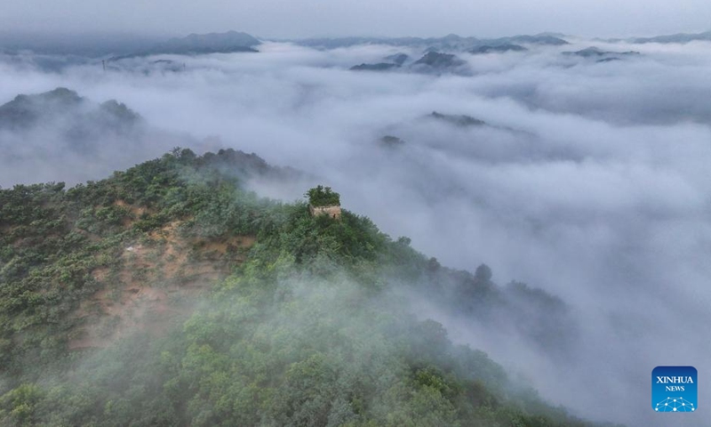 An aerial drone photo taken on Aug. 11, 2024 shows a section of the Great Wall shrouded in clouds in Xinglong County of Chengde City, north China's Hebei Province. Photo: Xinhua