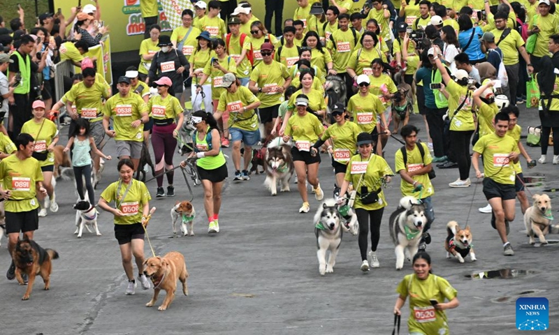 Dogs and their owners attend Bark Day Fun Run at Senayan Park in Jakarta, Indonesia, on Aug. 11, 2024. This event aims to call for more attention to the welfare of dogs and stop the dog meat trade. Photo: Xinhua