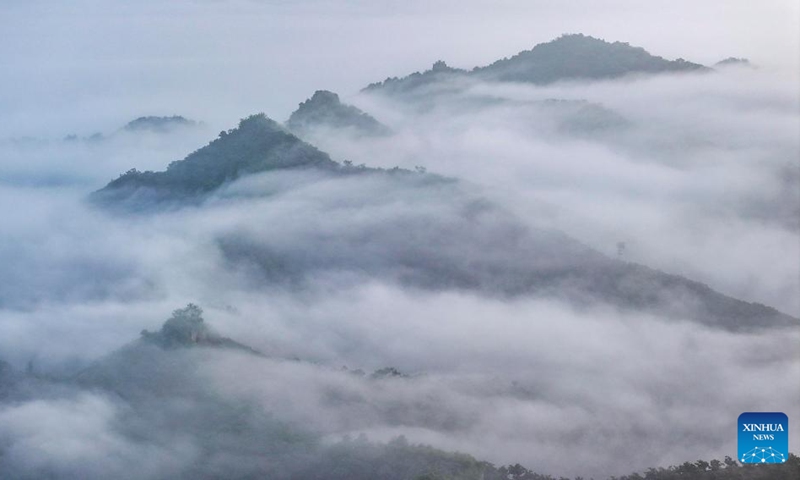 An aerial drone photo taken on Aug. 11, 2024 shows a section of the Great Wall shrouded in clouds in Xinglong County of Chengde City, north China's Hebei Province. Photo: Xinhua