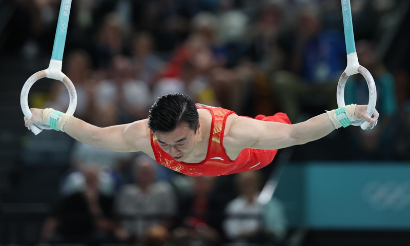 Chinese gymnast Liu Yang competes in the men's rings final in Paris on August 4, 2024. Photo: VCG