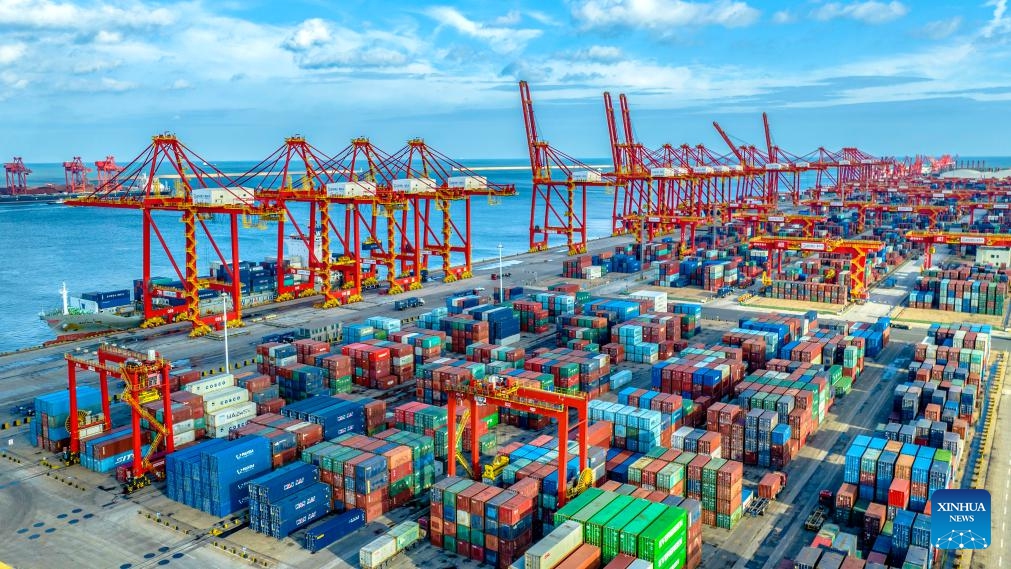 An aerial drone photo taken on July 2, 2024 shows a view of Rizhao Port in Rizhao, east China's Shandong Province. In recent years, Shandong Province has leveraged its marine resources to promote the integrated reform and development of coastal ports, to create a world-class port group. (Photo: Xinhua)