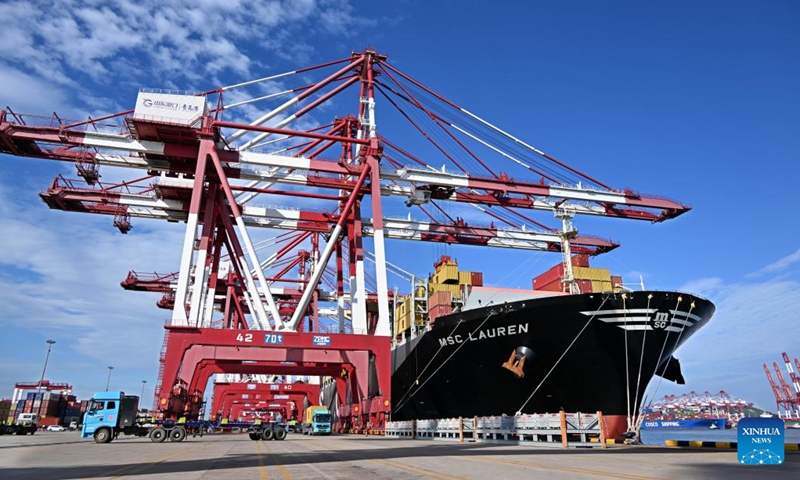 This photo taken on Aug. 6, 2024 shows a cargo ship at Qingdao Port in east China's Shandong Province. In recent years, Shandong Province has leveraged its marine resources to promote the integrated reform and development of coastal ports, to create a world-class port group. (Photo: Xinhua)