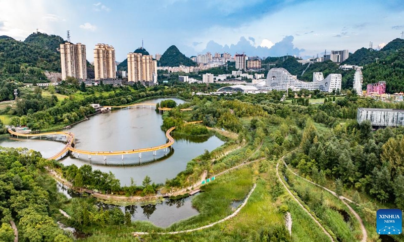 An aerial drone photo taken on Aug. 7, 2024 shows the scenery of Minghu Lake National Wetland Park in Zhongshan District of Liupanshui, southwest China's Guizhou Province. The wetland park, located in Zhongshan District of Liupanshui, is rich in vegetation. (Photo: Xinhua)