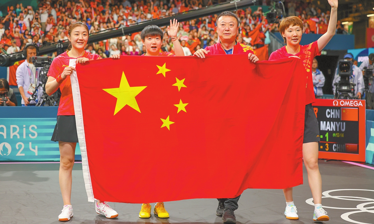 China's women's table tennis <strong></strong>team retains their Olympic title at Paris 2024 Olympic Games after overwhelming Japan 3-0 in the final on Saturday. This victory not only secured China's 37th gold medal of these Games, but also marked a historic milestone - the Chinese delegation's 300th gold in Summer Olympic history. Photo: VCG