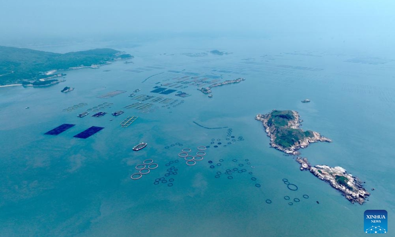 An aerial drone photo taken on Aug. 9, 2024 shows a mariculture zone in Lianjiang County of Fuzhou, southeast China's Fujian Province. Lianjiang County has been actively exploring and supporting the construction of deep-sea aquaculture platforms. Eleven platforms have been put into use here since 2018 and the annual output of high-quality fish reaches nearly 2,000 tonnes. Photo: Xinhua