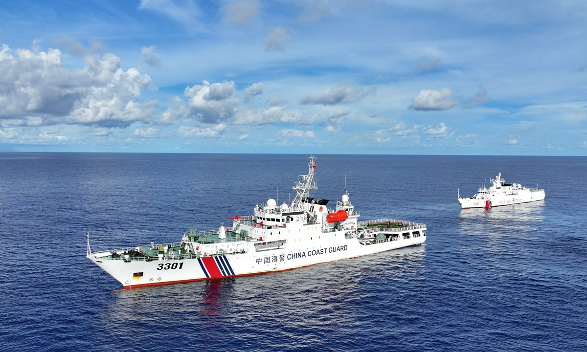 The <em>Wanshan</em> Vessel formation conduct towing exercises in waters off Huangyan Dao in South China Sea in July, 2024. Photo: Courtesy of China Coast Guard