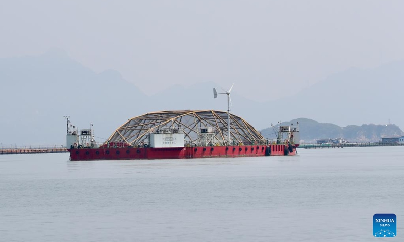 This photo taken on Aug. 9, 2024 shows a deep-sea aquaculture platform in Lianjiang County of Fuzhou, southeast China's Fujian Province. Lianjiang County has been actively exploring and supporting the construction of deep-sea aquaculture platforms. Eleven platforms have been put into use here since 2018 and the annual output of high-quality fish reaches nearly 2,000 tonnes. Photo: Xinhua