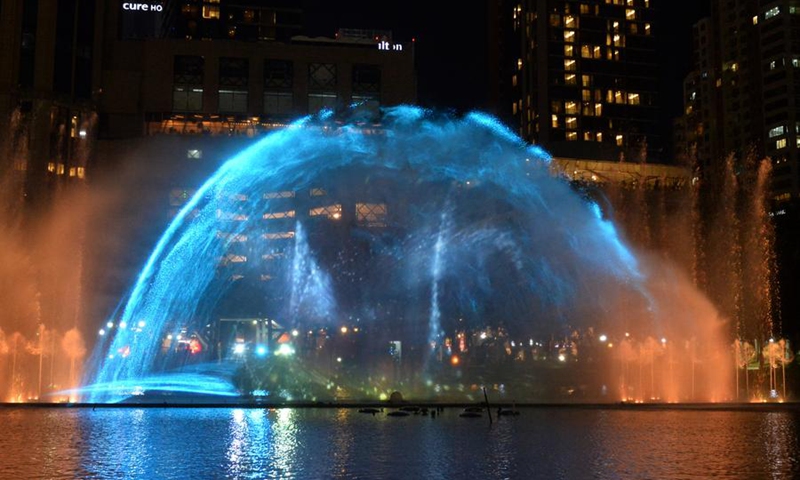 Photo taken on Aug. 11, 2024 shows the fountain show celebrating the coming Mother's Day in Benchasiri Park, Bangkok, Thailand. Photo: Xinhua