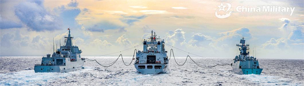 Naval vessels attached to a flotilla of a unit under the PLA Navy conduct replenishment-at-sea during a maritime training exercise on June 12, 2024. (eng.chinamil.com.cn/Photo by Wu Di)