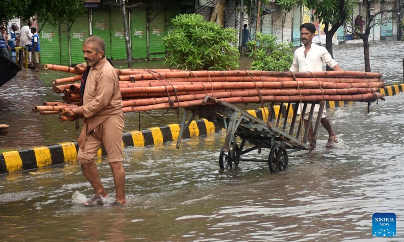 People moving bamboos wade through floodwater in a road after heavy monsoon rain in Lahore, Pakistan on Aug. 11, 2024. Photo: Xinhua