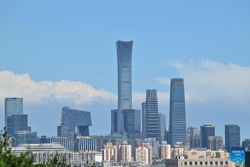 This photo taken from Jingshan Hill on Aug. 12, 2024 shows the skyscrapers of the central business district (CBD) on a sunny day in Beijing, capital of China. （Photo: Xinhua)