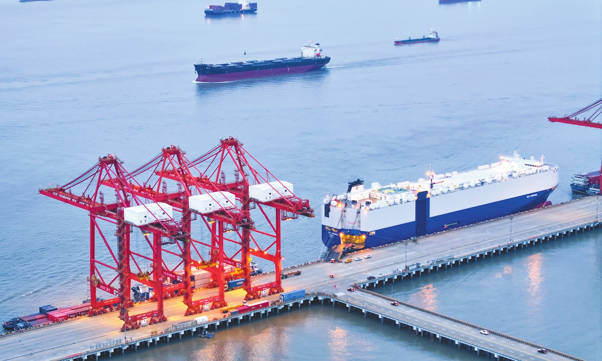 A ro-ro ship carrying electric vehicles docks at Taicang Port in Suzhou, East China's Jiangsu Province, on July 9, 2024. Photo: VCG