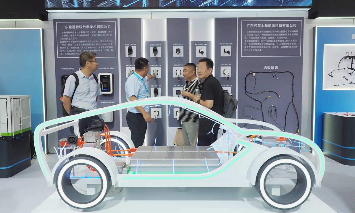 Visitors get a tour of a model of an electric vehicle charging system at the 2024 Beijing International Charging Pile and Battery Swap Station Exhibition on August 14, 2024. Photo: VCG