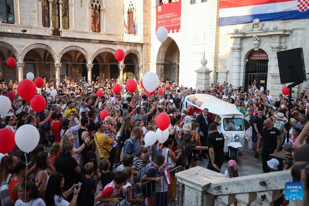 Fans welcome the Croatian men's water polo team at a welcome ceremony held in Dubrovnik, Croatia, on Aug. 13, 2024. The team won the silver medal in the men's water polo event at the Paris Olympic Games. (Photo: Xinhua)