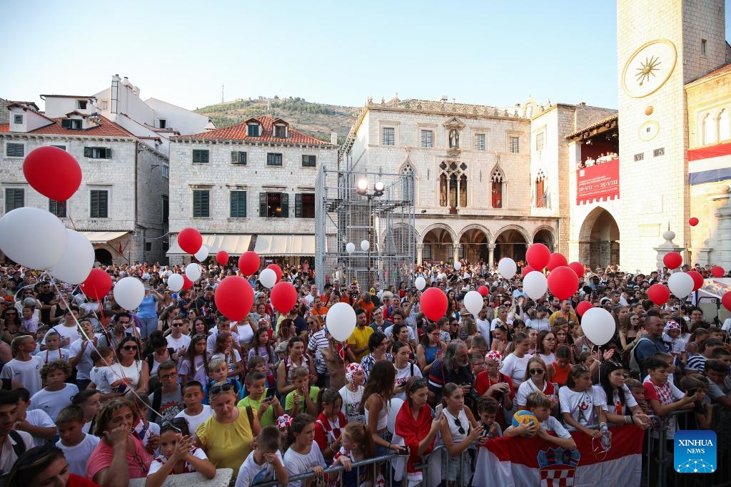 Fans welcome the Croatian men's water polo team at a welcome ceremony held in Dubrovnik, Croatia, on Aug. 13, 2024. The team won the silver medal in the men's water polo event at the Paris Olympic Games. (Photo: Xinhua)