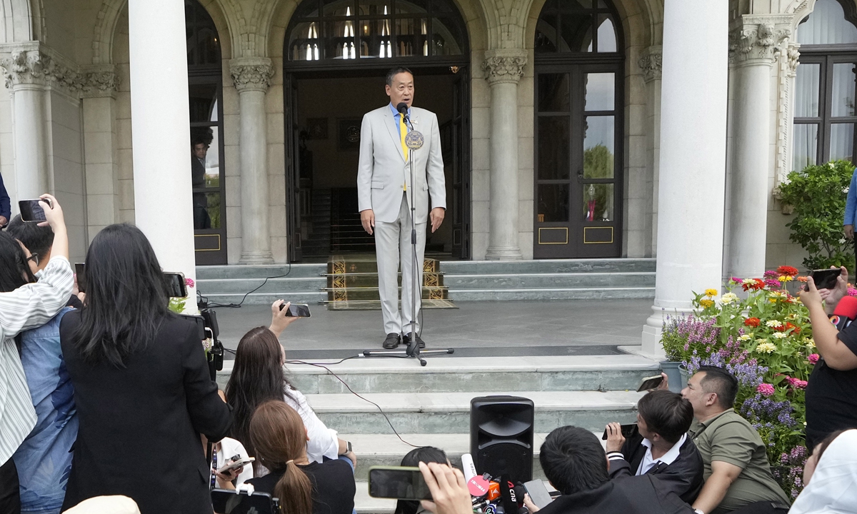 Thai Prime Minister Srettha Thavisin,<strong></strong> talks to reporters during a press conference at Government House in Bangkok, Thailand after a court removed him from office over an ethical violation on August 14, 2024. Srettha said he performed his duty as prime minister as best he could, and said he 