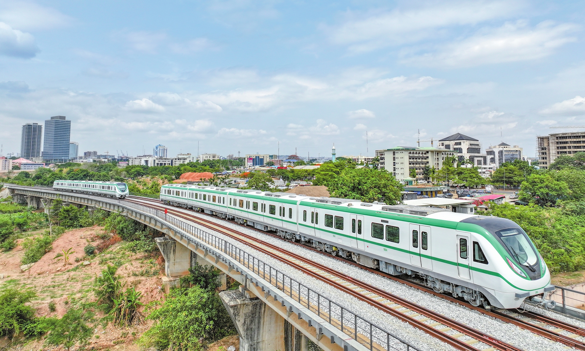 Two trains run at the Abuja Rail Mass Transit at the Nigerian capital of Abuja in July. Photo: Courtesy of CCECC