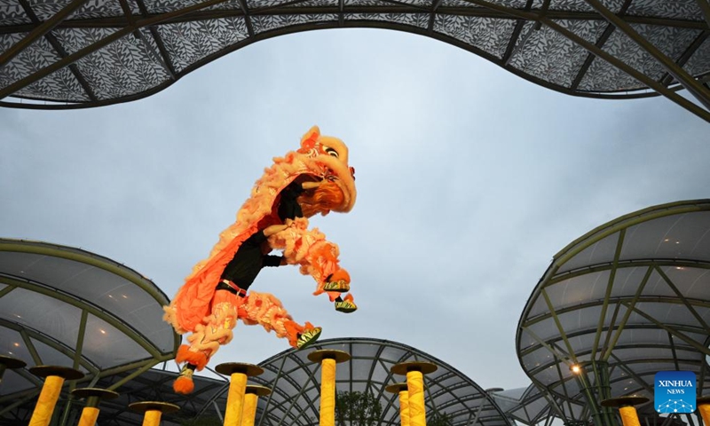 Contestants compete in a lion dance competition in Singapore's Resorts World Sentosa on Aug. 17, 2024. Photo: Xinhua