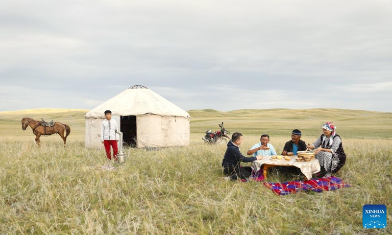 Herdsmen have a rest on the grassland in Akmola region in northern Kazakhstan, Aug. 17, 2024. Photo: Xinhua