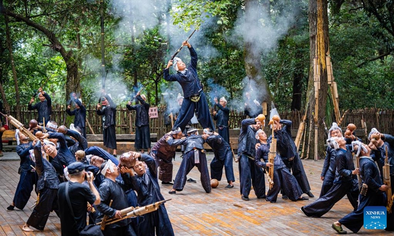 Villagers dance at a scenic spot in Basha Village, Congjiang County of Qiandongnan Miao and Dong Autonomous Prefecture, southwest China's Guizhou Province, Aug. 16, 2024. Photo: Xinhua