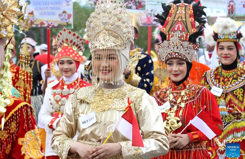 Students participate in a cultural parade to celebrate the 79th anniversary of Indonesia Independence Day in Banda Aceh, Aceh Province, Indonesia, Aug. 18, 2024. Photo: Xinhua