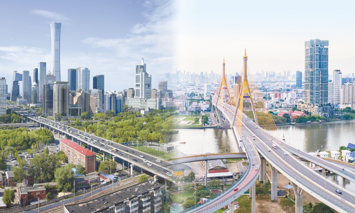 The Chaoyang District Central Business District in Beijing, China (left) and the Bhumibol Bridge in Thailand (right). Photos: VCG 