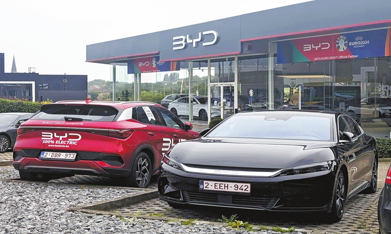 Vehicles on display at a BYD sales center in a suburb of Brussels,<strong></strong> Belgium on July 5, 2024 Photo: VCG