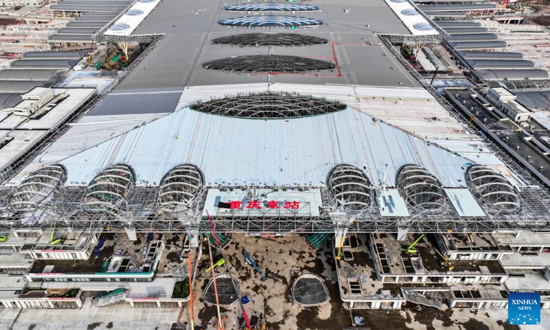 An aerial drone photo taken on Aug. 17, 2024 shows the construction site of Chongqing East Railway Station and affiliated comprehensive transportation hub in southwest China's Chongqing. Photo: Xinhua