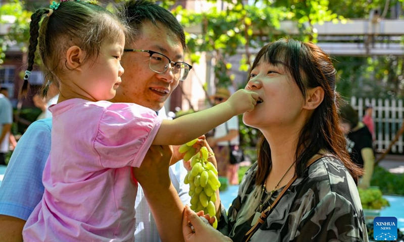 People taste grapes at a grape fair in Turpan, northwest China's Xinjiang Uygur Autonomous Region, Aug. 17, 2024. The three-day Turpan grape festival kicked off on Friday. With its dry and sunny climate, Turpan has a long history of growing grapes and is one of the main grape production bases in China. Its planting area totals 42,000 hectares with 550 grape varieties. (Photo: Xinhua)